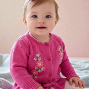 Nannette Pink Floral Pointelle Cardigan Sweater Size 6-9 M